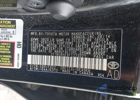 2015 Toyota Corolla S Plus из США, поврежденный, VIN 2T1BURHE6FC233221